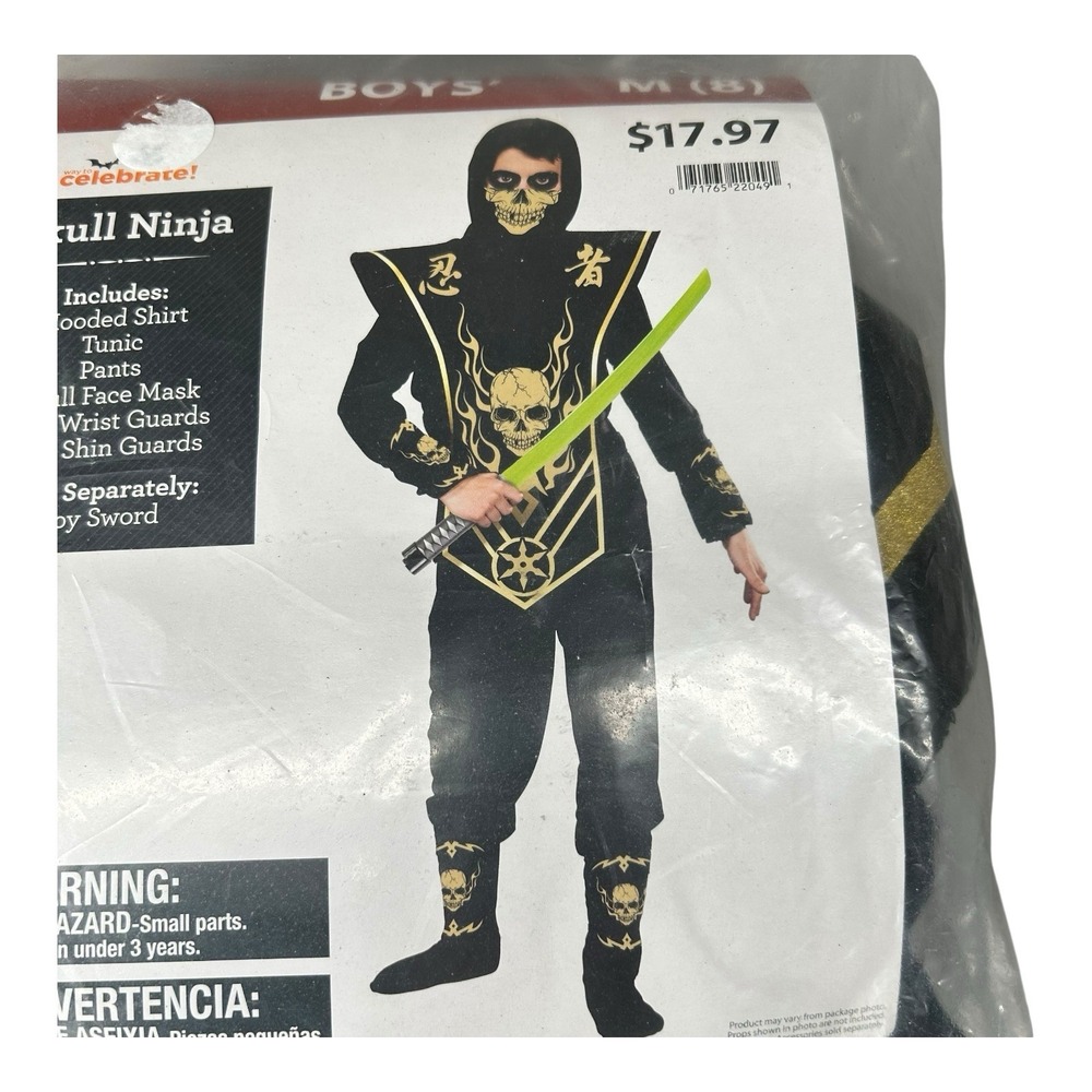 Celebrate Boys Skull Ninja Costume Size Medium 8 Halloween Trick or‎ Treat